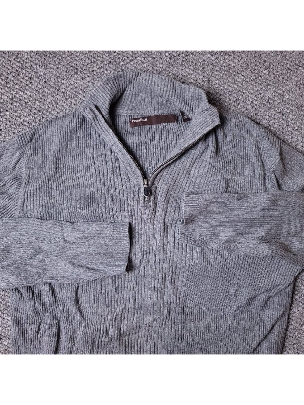 Perry Ellis Sweater Mens M Medium Ribbed Gray Pullover Zip Casual Adult 90s y2K